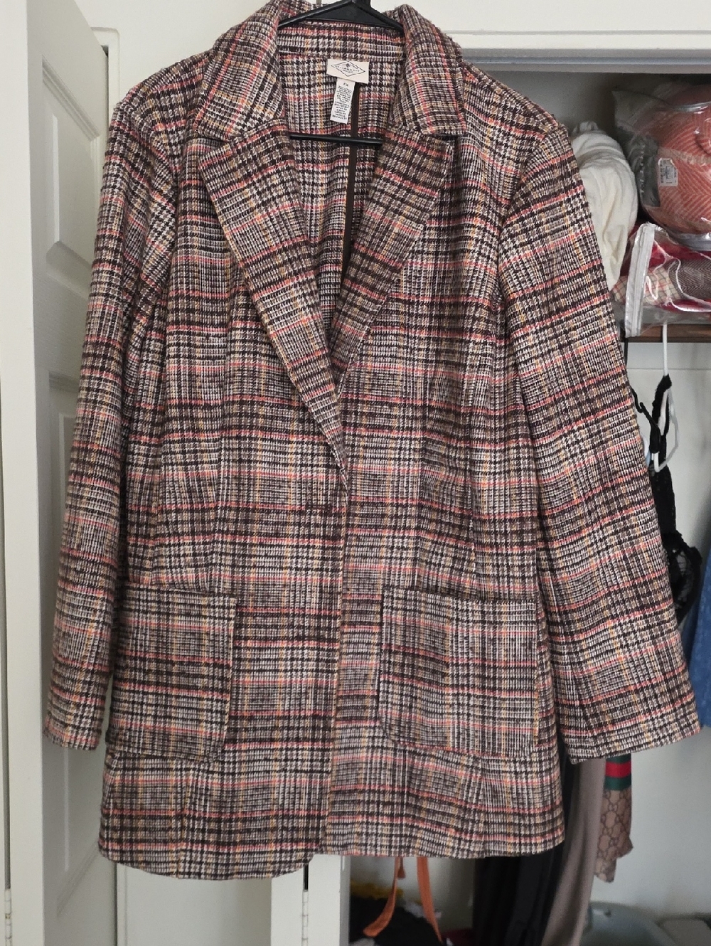 St. John Plaid Pea Coat in Pink, Black & Cream NWT SZ 0X